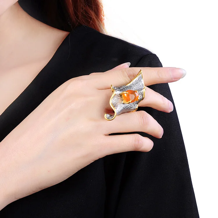 Retro Thai Silver Fashion Fire Opel Craft S925 Sterling Silver Inlaid Gemstone Creative Vintage Flower Open Ended Ring Female