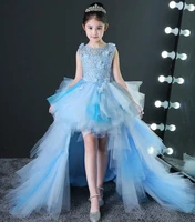 2018 long trailing flower girls dresses for wedding light blue kids pageant dress first holy communion dress party prom dress
