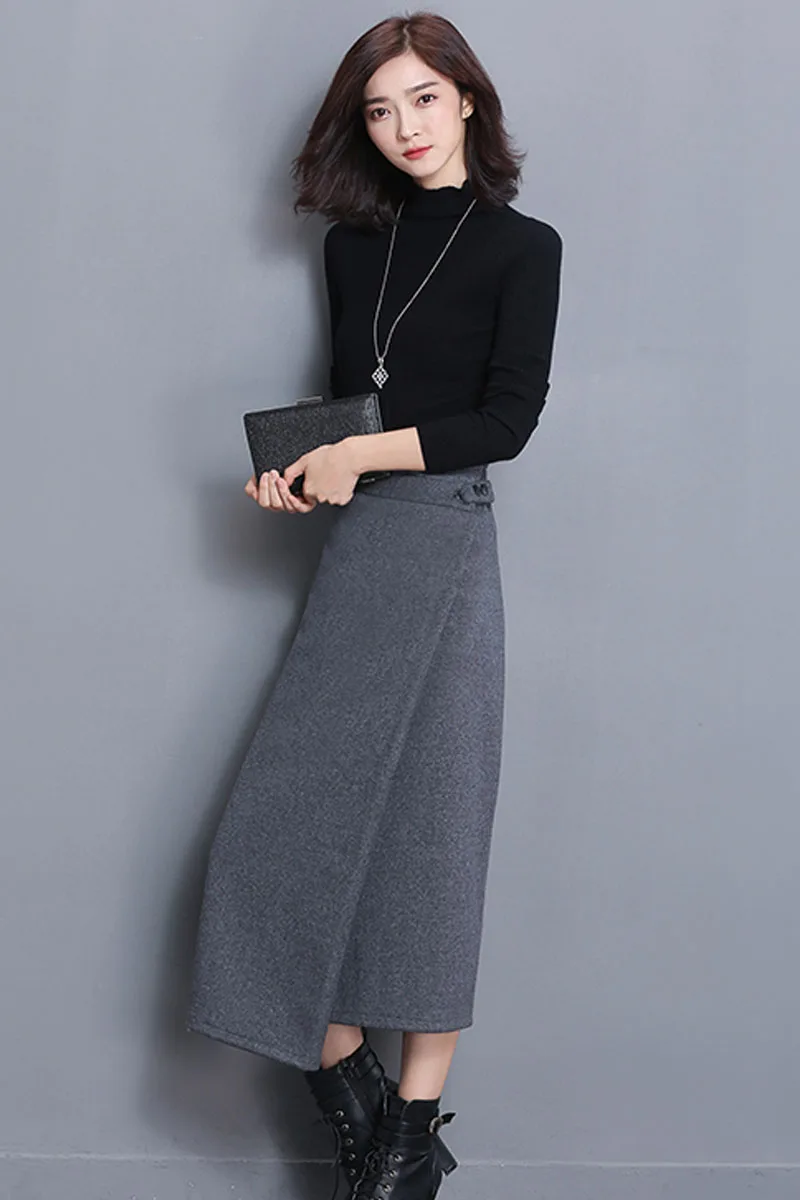 

2017 Autumn Winter New Length Skirt England Irregular Style Solid Pencil Button Mid-calf Natural Womens Long Skirts