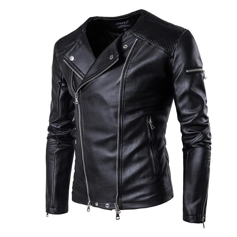 Мотоцикл кожаные куртки для мужчин осень зима Стенд воротник Slim Fit Multi застёжки молнии Байкер PU кожа мужская кожаная куртка и пальто 5XL