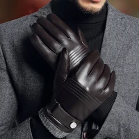 genuine leather gloves male vintage wrist buckle sheepskin gloves autumn winter warm driving glove touch optional 2806