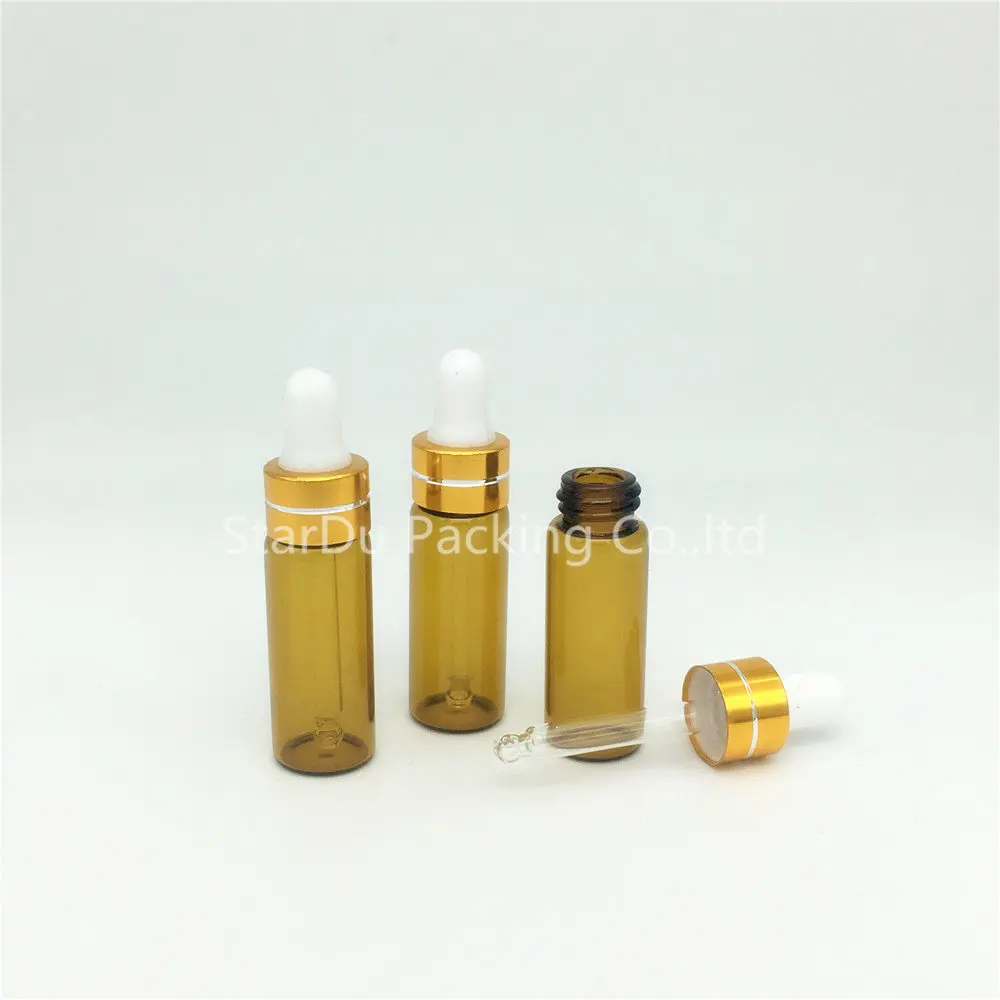 

500PCS 5ML Amber Glass bottle with gold white head Reagent Eye Dropper Aromatherapy Liquid Pipette Bottle