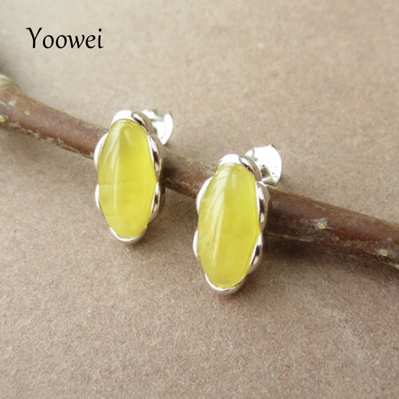 Женские серьги Yoowei Длинные овальные пусеты из натурального янтаря S925|stud