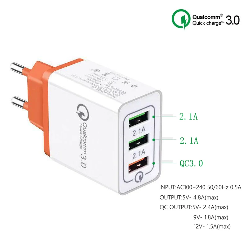 Портативное зарядное устройство 3 порта быстрое 30 Вт USB QC 0 для iPhone iPad Samsung Huawei