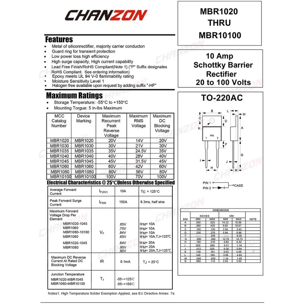 10 шт.) MBR10100CT с барьером Шоттки Диоды выпрямителя тока 10A 100 V TO-220AB(до 220) 10 ампер 100 Вольт MBR10100 CT