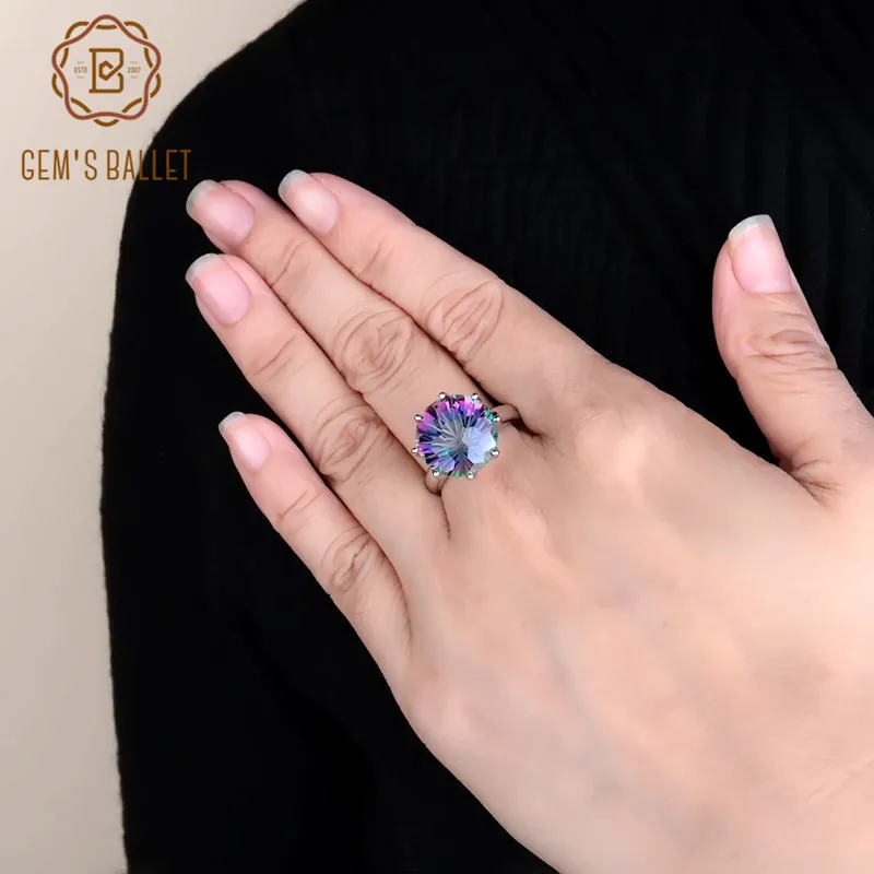GEM'S балетное классическое круглое красочное кольцо, кольцо из натурального радужного мистического кварца, 925 пробы Серебряное ювелирное изделие для женщин