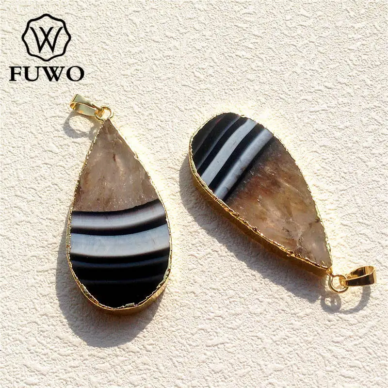 FUWO Natural Banded Agates Gem Stone Pendant 24K Electroplated High Quality Water Drop Shape Raw Crystal Jewelry Wholesale PD063 | Украшения