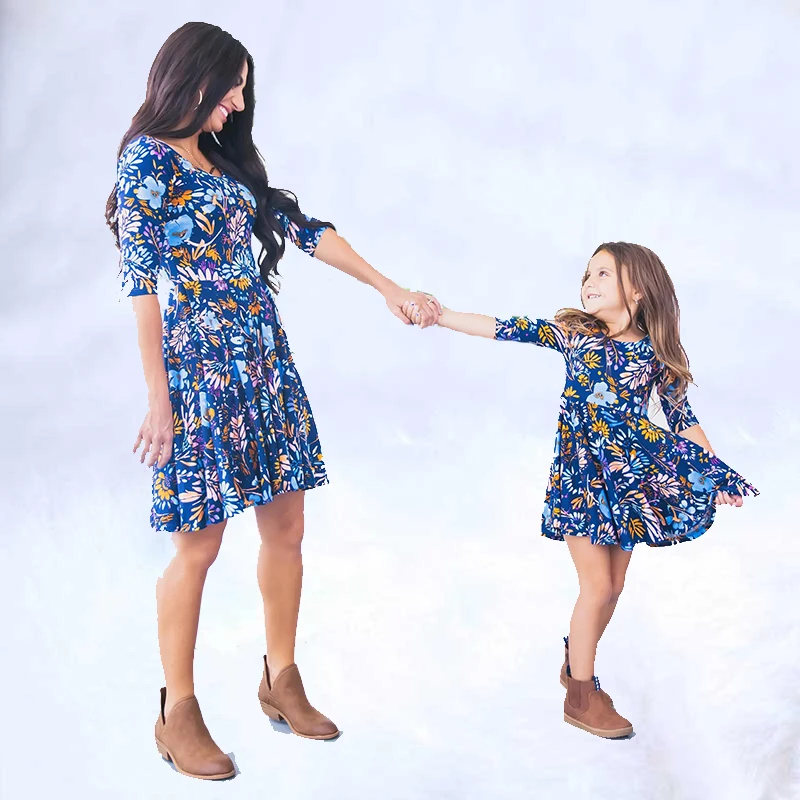 2019 New mother and daughter clothes Mommy me Blue Floral Printed Mini Dress Mother dresses | Мать и ребенок