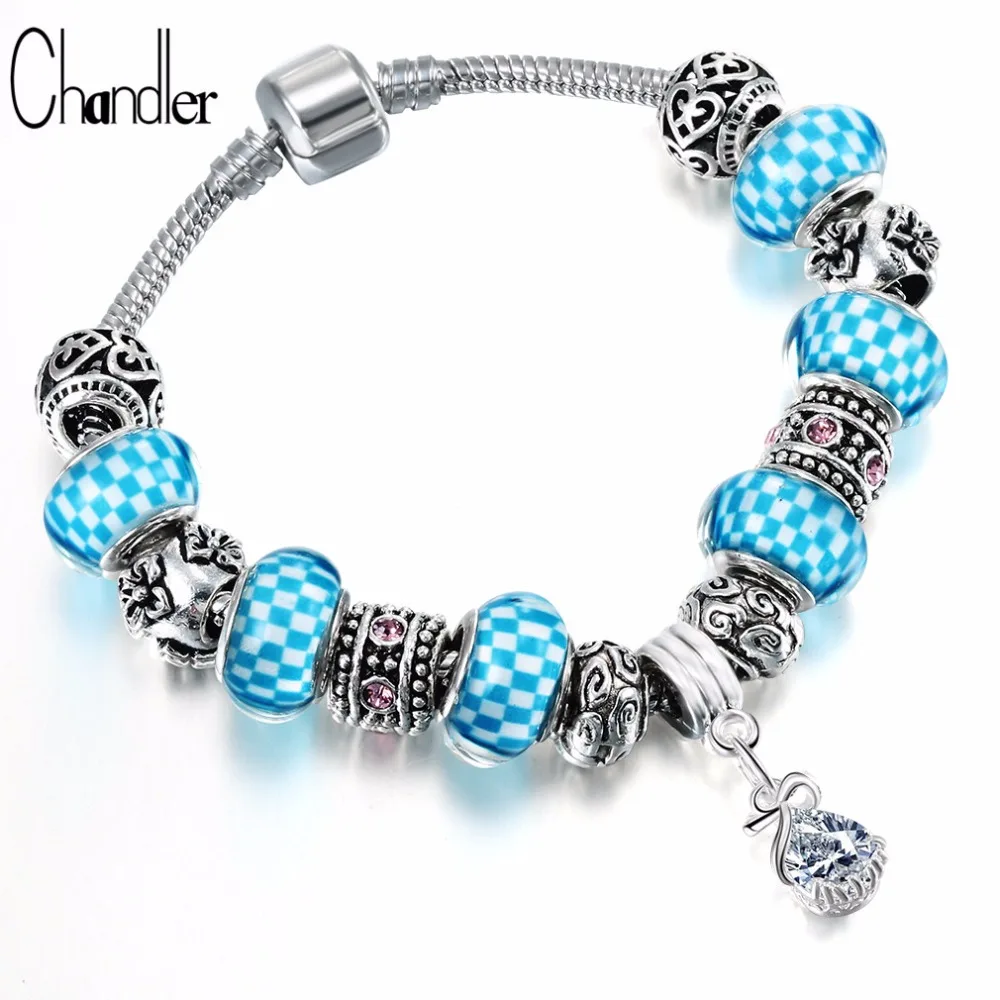 Женский браслет Chandler Murano синий с каплями воды и сердечками для самостоятельного