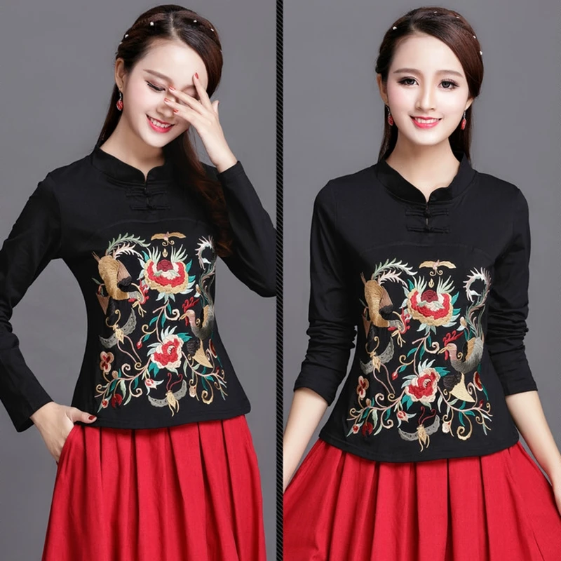 Женская винтажная рубашка в стиле ретро с вышивкой китайском Весенняя женская