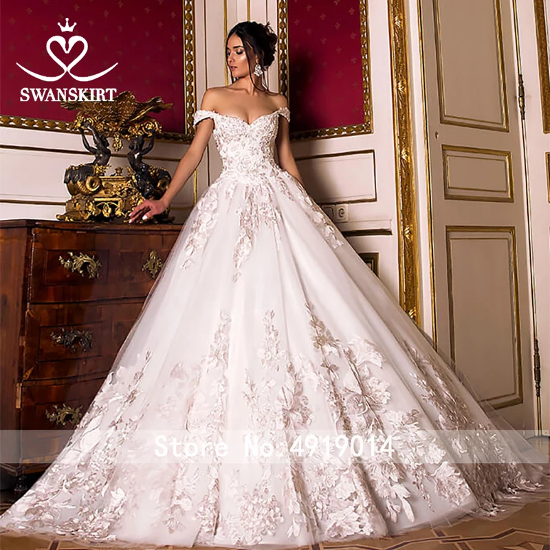 Бальное платье с открытыми плечами, свадебные платья, Swanskirt, розовая Аппликация из бисера, часовня, поезд, свадебное платье, Vestido de novia OZ10