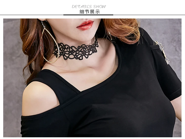 Корейский стиль Топы с открытыми плечами для женщин Футболка Femme Футболка Camisetas Mujer Verano Летняя женская футболка на Молнии Черная