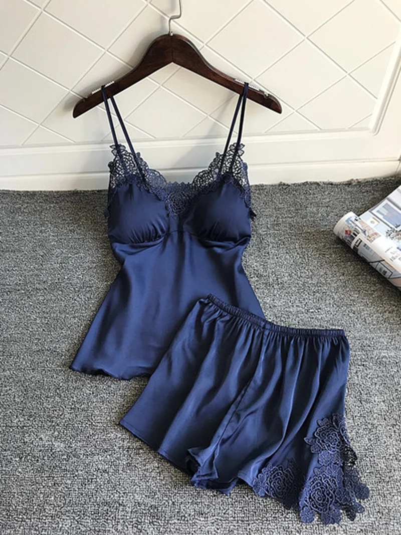 Pajama set Ночные рубашки женские пижамы атласные пижамы Pijama шелковая Домашняя одежда Кружева домашний халат нагрудные прокладки для сна Lounge Pyjama красный 2 шт - Цвет: Pajama set