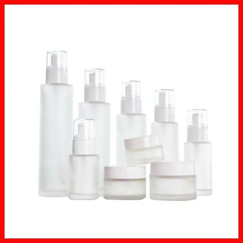 20/30/40/60/80/100/120ML frosted Empty glass bottle/jar lotion/mist spay pump Cosmetic Packing matt clean w white cap