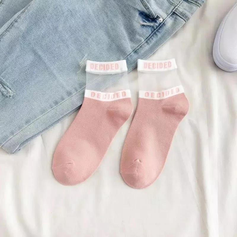 Pink Летние прозрачные носки с буквенным принтом для девочек, женские хлопковые короткие носки с дырочками, тонкие повседневные короткие носки, удобные женские носки - Цвет: Pink
