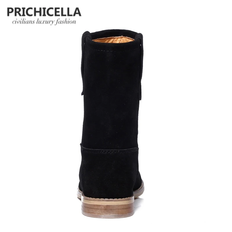 PRICHICELLA/Лидер продаж года; черные замшевые сапоги до середины икры на плоской подошве для девочек; женские зимние ботинки из натуральной кожи
