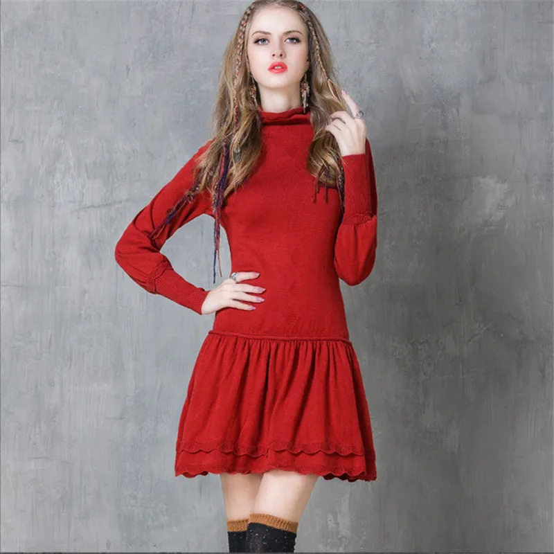 

Винтажное женское платье с длинным рукавом-фонариком, облегающее шерстяное вязаное платье, платье с высоким воротником, женские зимние пла...