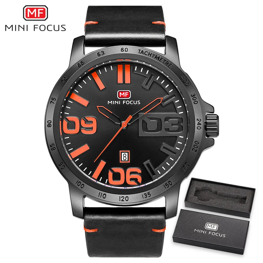 Orange Black WithBox MINIFOCUS новые мужские спортивные часы коричневые черные мужские наручные часы из натуральной кожи военные водонепроницаемые кварцевые часы подарок для мужчин - Цвет: Orange Black WithBox
