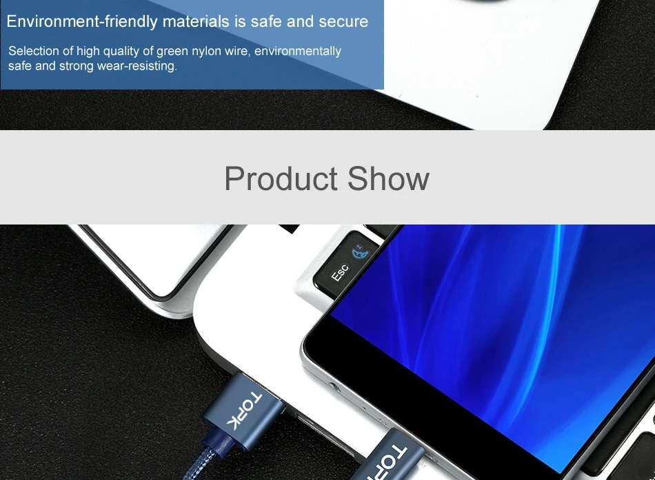 TOPK usb type-C кабель, Мягкий Нейлоновый плетеный кабель для синхронизации данных, зарядный кабель type-C для samsung Galaxy S9 huawei P20 lite USB C