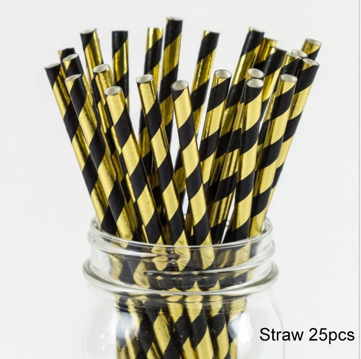 Straw 25pcs Розовое золото в полоску День рождения Бумага тарелки/стакана/салфетка День рождения украшения для взрослых, для девочек и мальчиков одноразовая посуда соломы - Цвет: Straw 25pcs
