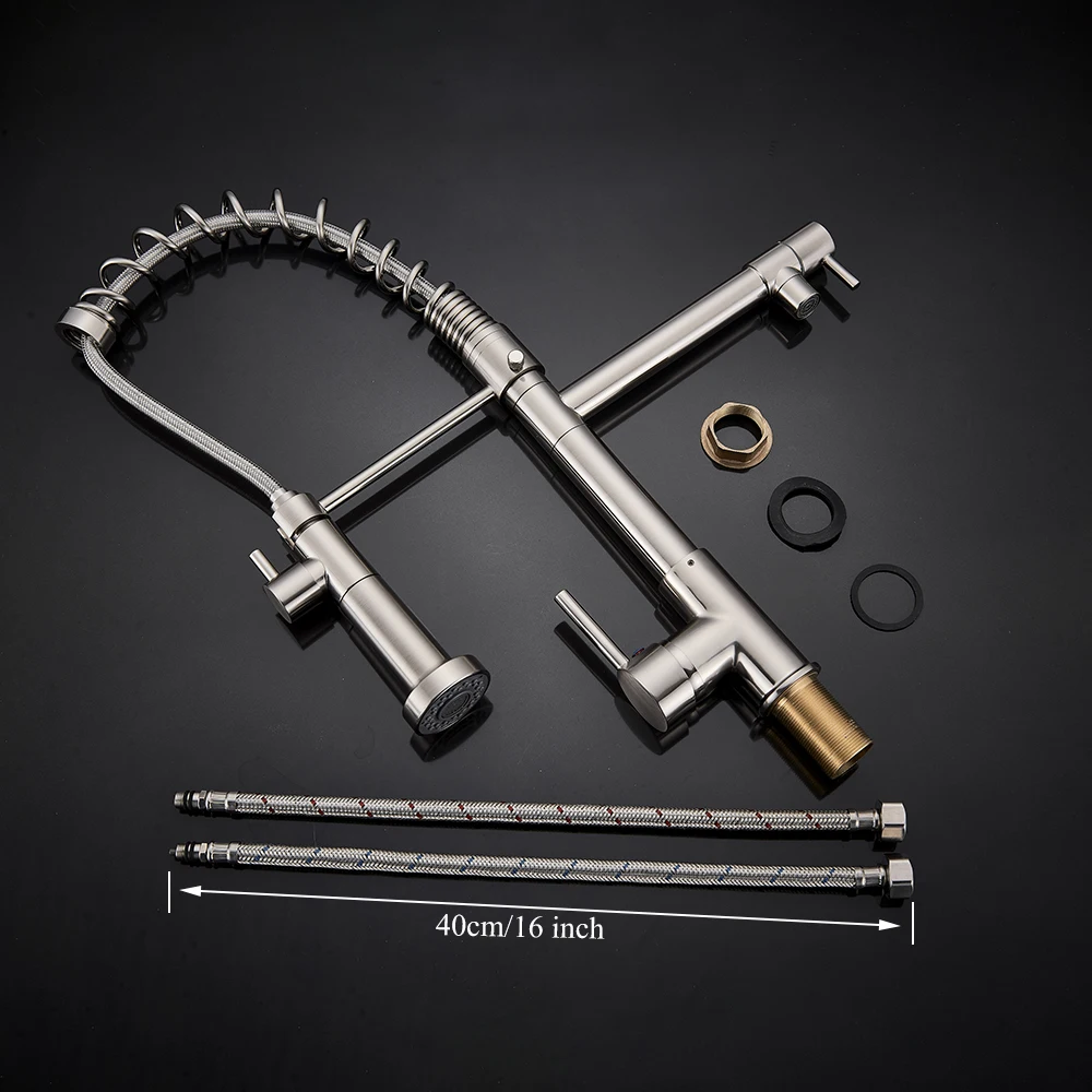 Кухонный кран Uythner матовый никелевый вытяжной с двойными отверстиями пружинный