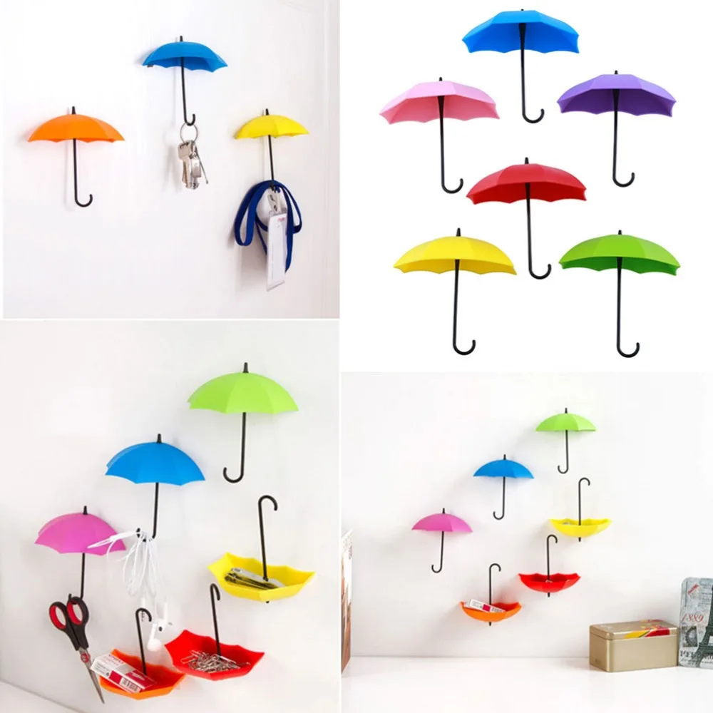 3Pcs/lot Umbrella Shape Clip Holders Cute Self Adhesive Wall Door Keys Clips School Office Sticky Holder Home Supplies |