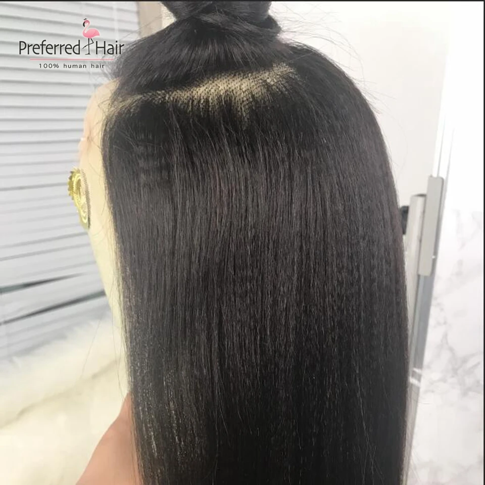 Preferred Yaki прямой парик с детскими волосами предварительно сорванными 150 плотностью полные парики шнурка человеческих волос Remy бразильские парики для черных женщин