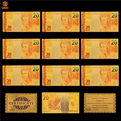 20 Reals 10 шт в партии цветные золотые Brazil Бразилия$20 Reais золотые банкноты из фольги сувенир сбор бумажных денег и подарков - Цвет: 20 Reals