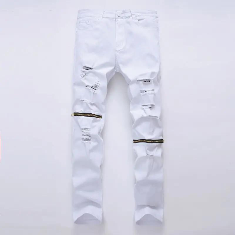 White Ripped Jeans Men Holes Super Skinny Famous Designer Brand Slim Fit Destroyed Jeans Solid Pencil Pants Slim Zipper Jeans