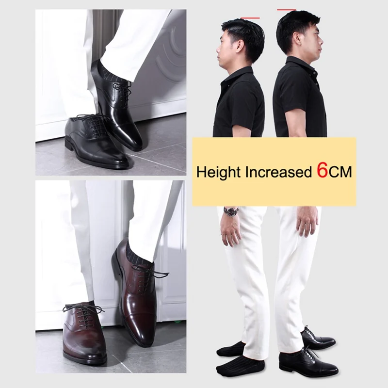 

Classic Genuine Leather Men's Height Increase 6cm Wedding Party Oxfords Pointed Toe Heels Cap Toe Formal Dress Man Shoes BQL125