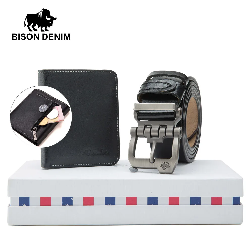 BISON DENIM мужской ремень и кошелек набор из натуральной кожи с коробкой пряжкой