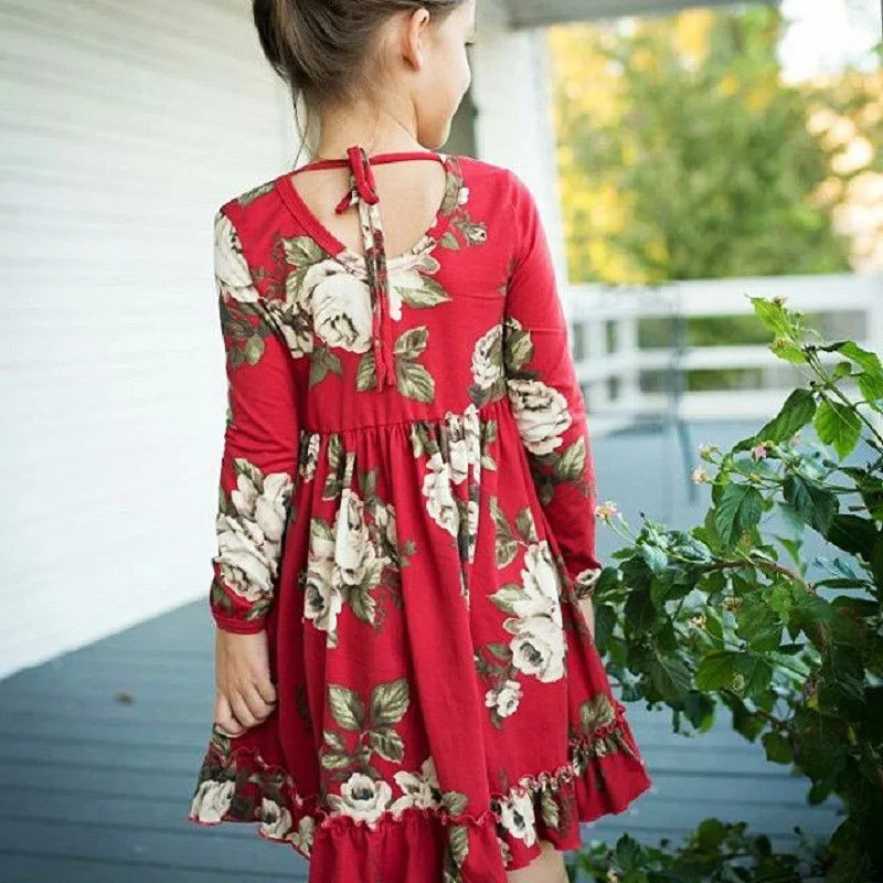 Hot Toddler Kids Girl Long Sleeve Flower Party Dress Ruffle Back Lace-up Princess Summer Sundress Clothes Cotton 1-6T | Детская одежда
