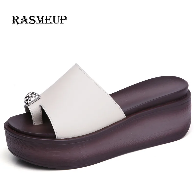 RASMEUP/женские вьетнамки из натуральной кожи на платформе; коллекция года; Модные женские пляжные шлепанцы на танкетке; женская летняя обувь на толстой подошве - Цвет: Beige