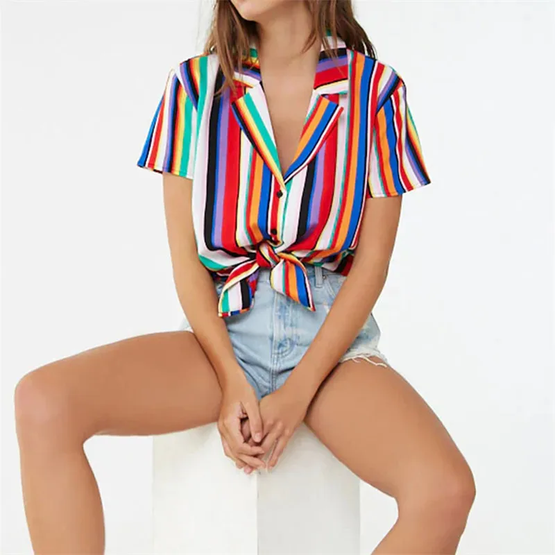 Summer Blouse Women 2019 Chiffon Blouses Short Sleeve Striped Print Turn-Down V-Neck Office Shirts Casual Tops Plus Size Blusas |