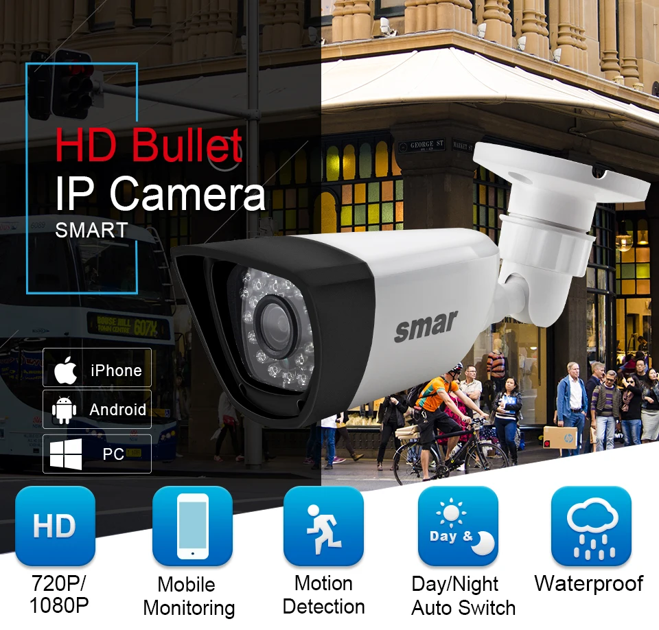 Smhd H.265 1080P IP камера 20FPS уличная Водонепроницаемая Камера Безопасности 30 шт. ИК светодиодов 15-25 м XMEYE P2P ONVIF пластик