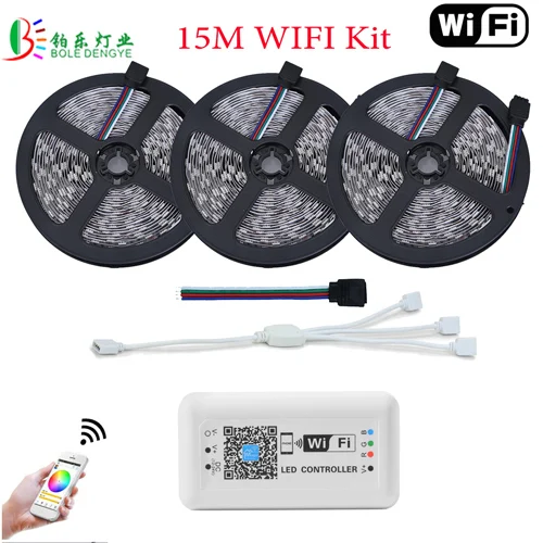 5050 светодиодный wifi RGB Светодиодная лента 15 м ленточный светильник не водонепроницаемый 5 м 10 м RGB 60 светодиодный/м беспроводной wifi управление смартфон управление Лер - Испускаемый цвет: 15M Full Kit