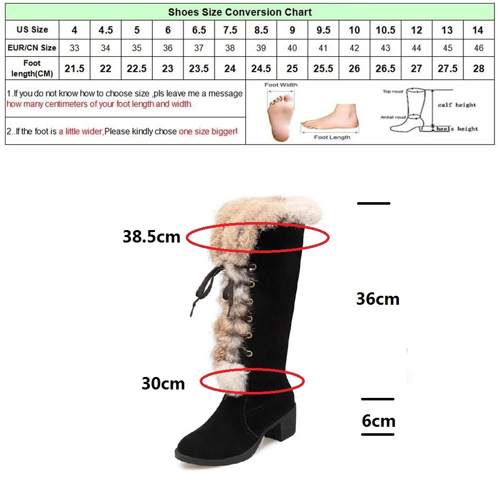 

DRFARGO Winter Shoes Women Snow Boots Knee High Boots Plush Fur Top Lace up Square High Heel Nubuck Round Toe Black size 34-43