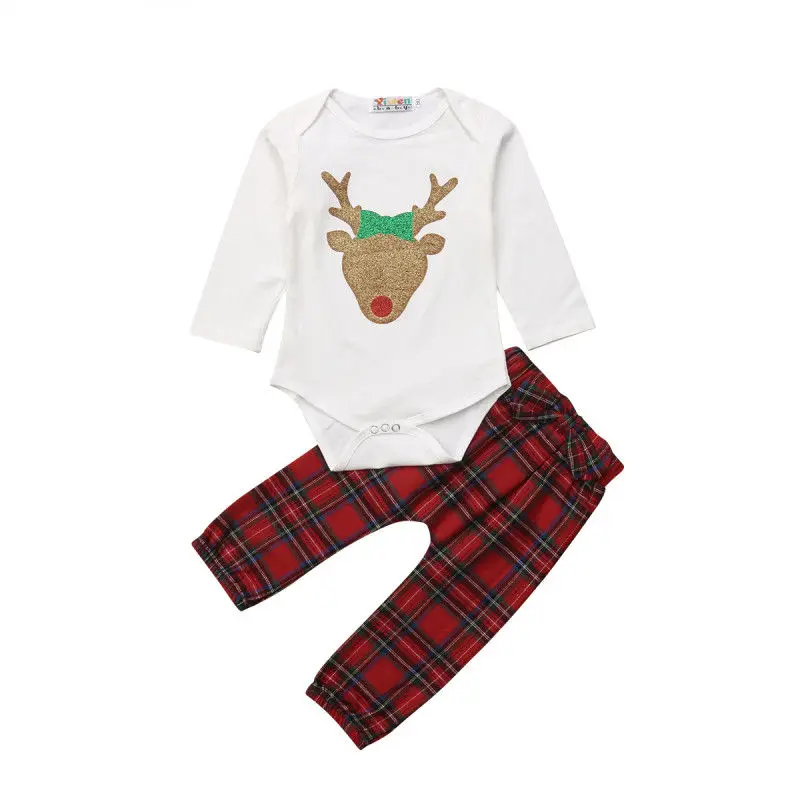 Christmas Newborn Baby Boys Girls Deer Print Clothes Sets Long Sleeve Cartoon White Romper Tops+Plaid Red Pants | Детская одежда и