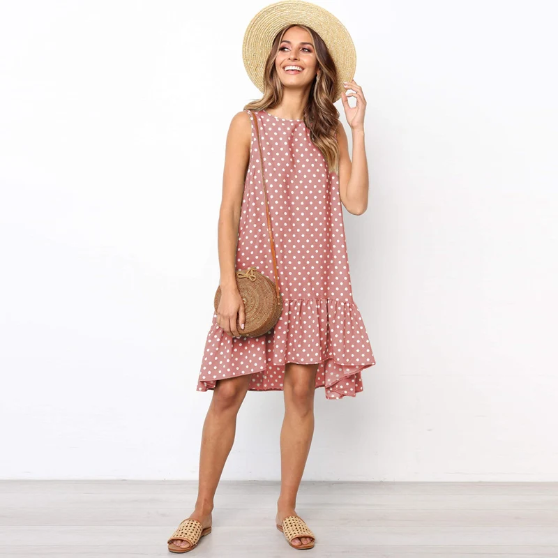 Pink Vestidos, сексуальное ДРАПИРОВАННОЕ женское платье, новинка, летнее, без рукавов, повседневное, ТРАПЕЦИЕВИДНОЕ, свободное, в горошек, с принтом, Пляжное, короткое, мини, сарафан - Цвет: Pink