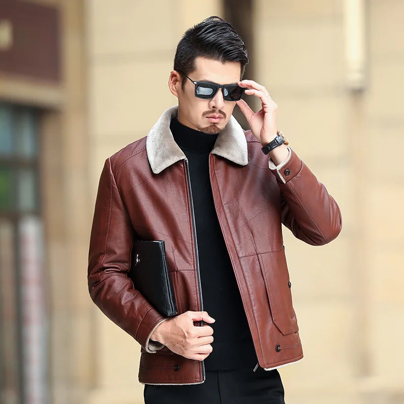 2018 new Men Sheep skin Jacket Faux Fur Fleece Motorcycle Bomber Black Leather Coats Male Outerwear Winter Keep warm | Мужская одежда