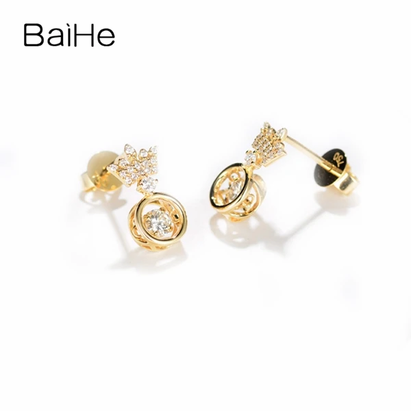BAIHE Твердые 14 к желтое золото всего 0.30CT H/SI круглые натуральные бриллианты танцы Алмаз серьги Свадебные красивые короны серьги