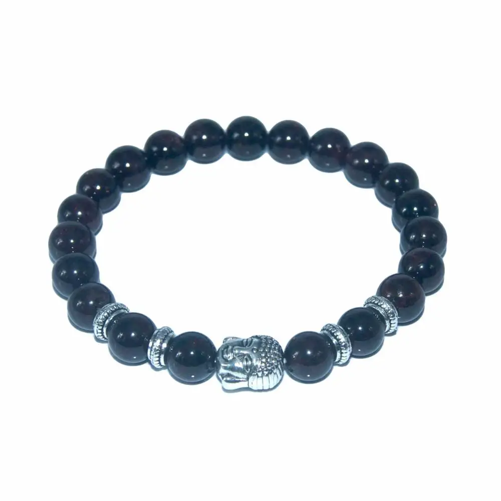 Silver Buddha Head Природный камень 8 мм бусины гранат Сова голова Будды Браслеты на удачу для женщин и мужчин Шарм ювелирные изделия стрейч энергетическая Йога подарок - Окраска металла: Silver Buddha Head