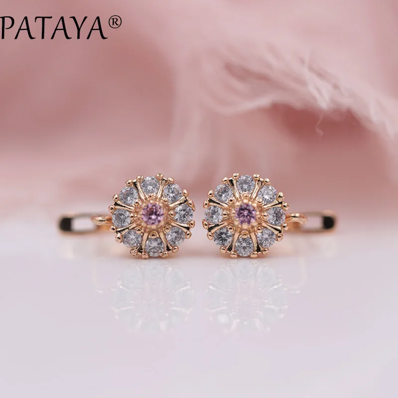 PATAYA, Новое поступление, свадебные серьги 585, розовое золото, зеленый цвет, натуральный циркон, лотос, висячие серьги для женщин, свадебные романтические ювелирные изделия, разные цвета - Окраска металла: pink