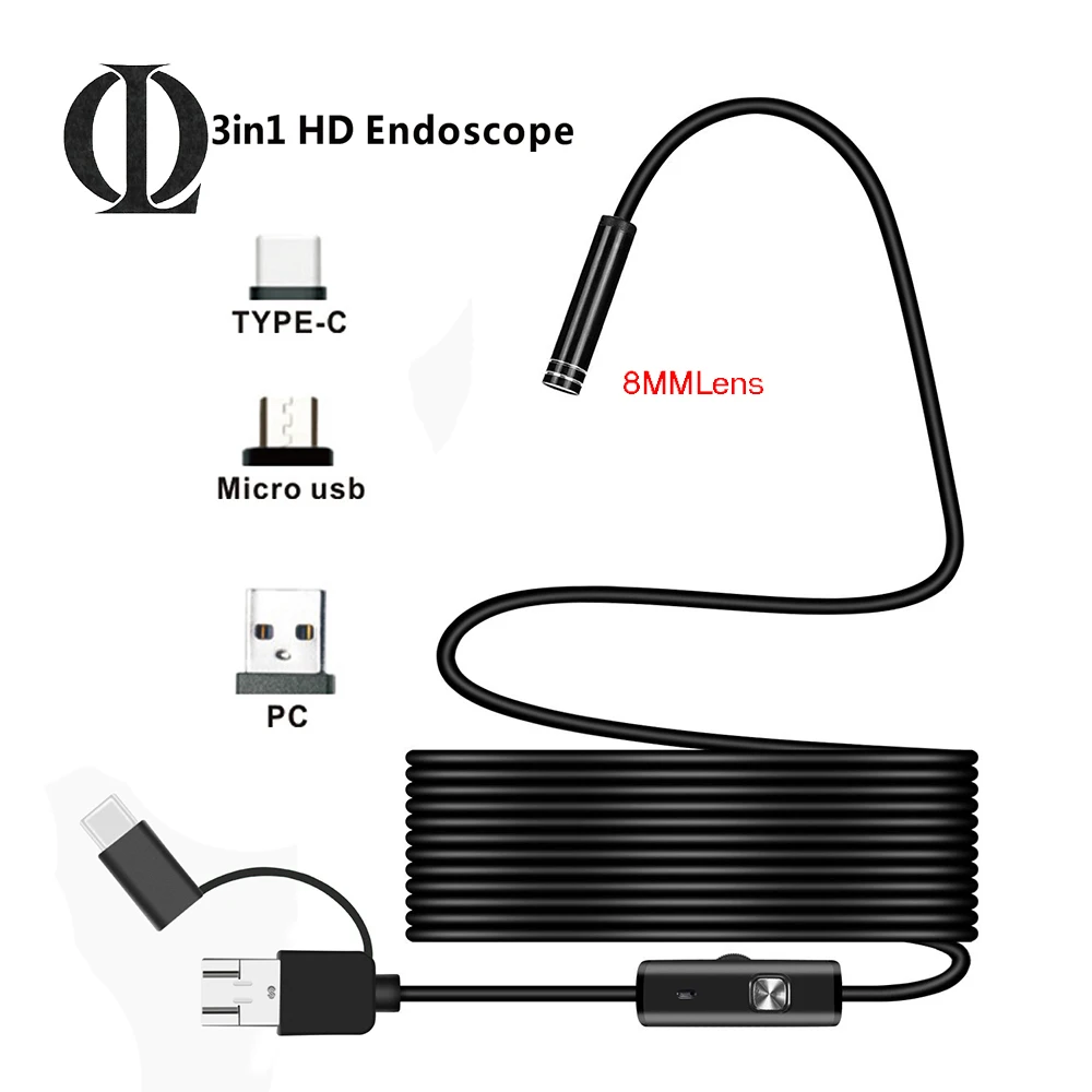 3 in1 эндоскопа Водонепроницаемый Камера Android 720 P бороскоп endoscopio Тип USB-C 8 мм Мини