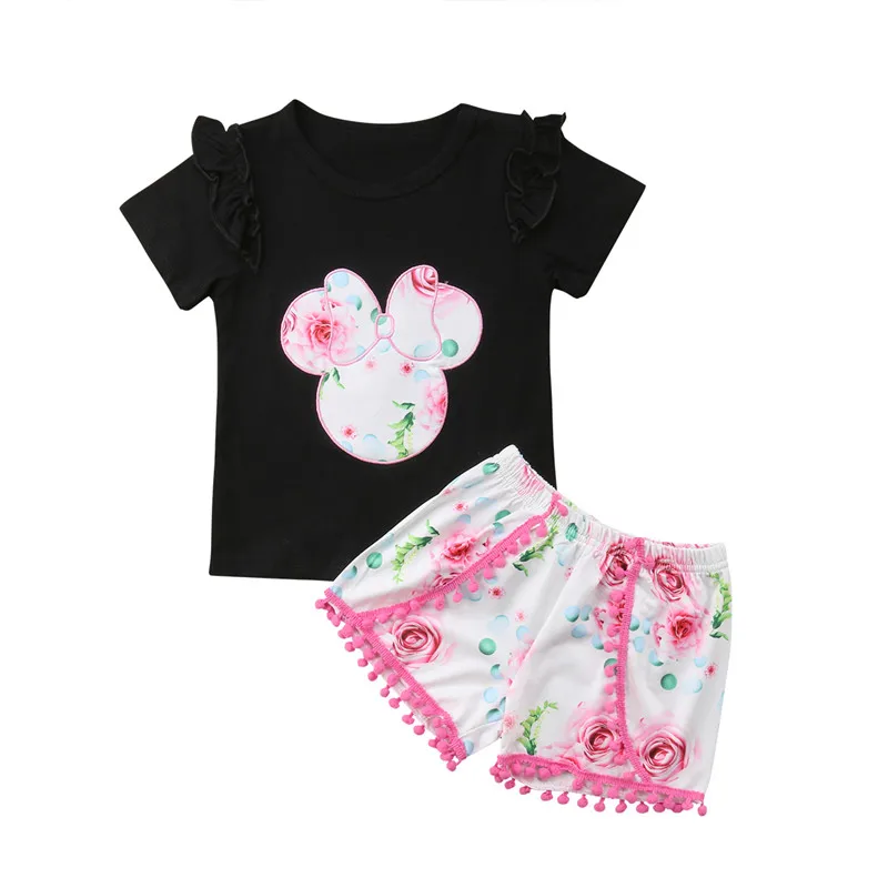 Cute Kid Baby Girl Mini Mouse Clothes T-shirt Tops +Flower Shorts Sunsuit Outfit Set Ruffles Short Sleeve Cotton Summer | Детская одежда