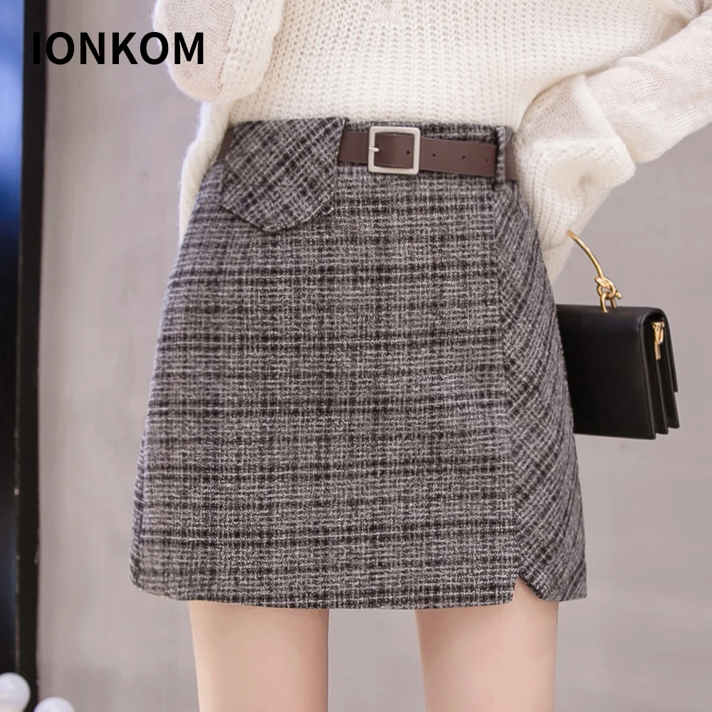 IONKOM Офисная Женская Клетчатая Шерстяная Юбка простая с поясом высокой талией