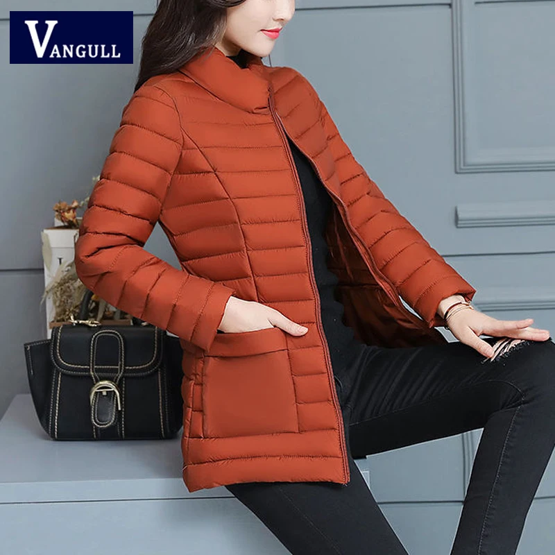 Vangull, зимние женские парки, пальто, повседневные, одноцветные, тонкие, короткие куртки,, Осенние, с длинным рукавом, на молнии, толстая, хлопковая одежда, верхняя одежда