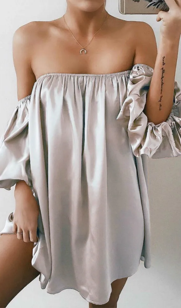 

Uguest Women Strapless Loose Dress Half Puff Sleeve Empire Solid Milk Silk Smooth Summer Mini Dress Plus Size Vestidos 2019