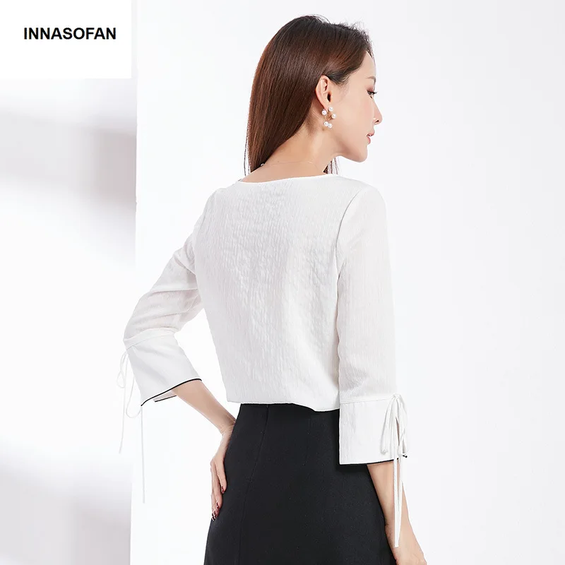 INNASOFAN OL shirt women's Spring-Summer cotton blouse Euro-American fashionable chic with V-neck and three quarter sleeve | Женская