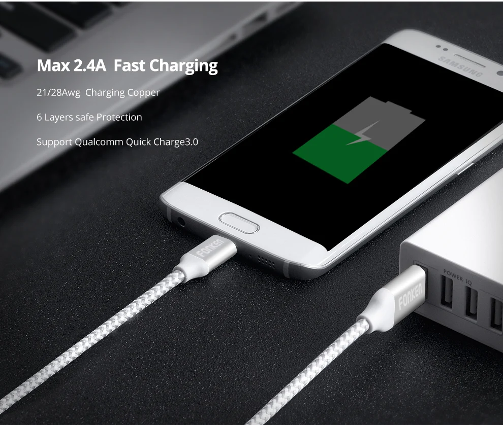 3 шт. FONKEN Micro USB кабель Быстрая зарядка для телефона кабель 2128AWG QC3.0 4,0 2.4A Быстрая зарядка нейлоновый плетеный шнур для мобильных данных